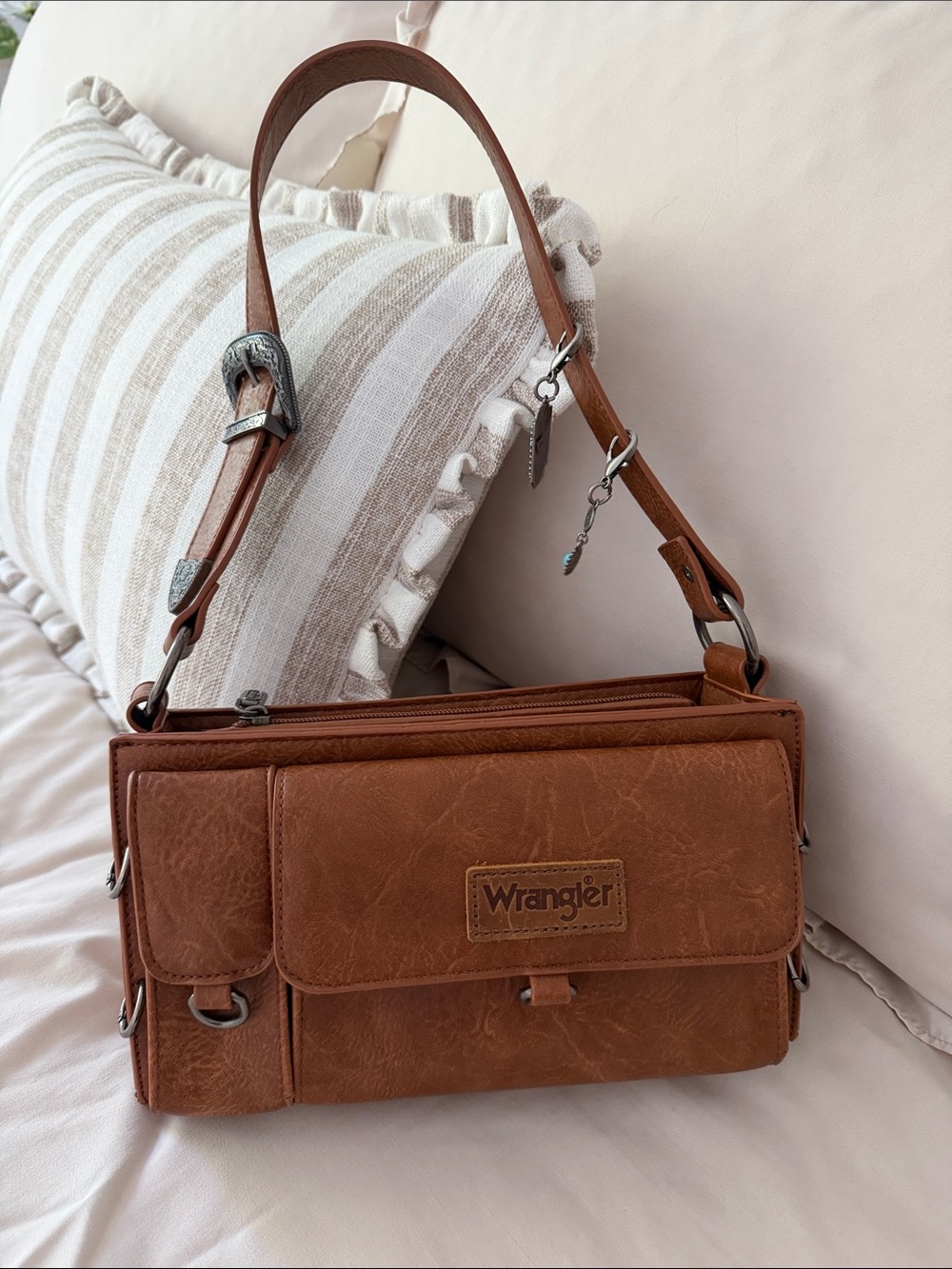 Wrangler Tan Faux Leather Shoulder Bag with Buckle Strap